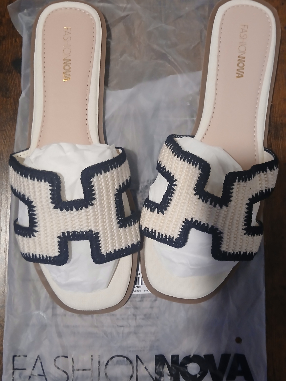 Fashion Nova Cream and Black Woven Slide Sandals